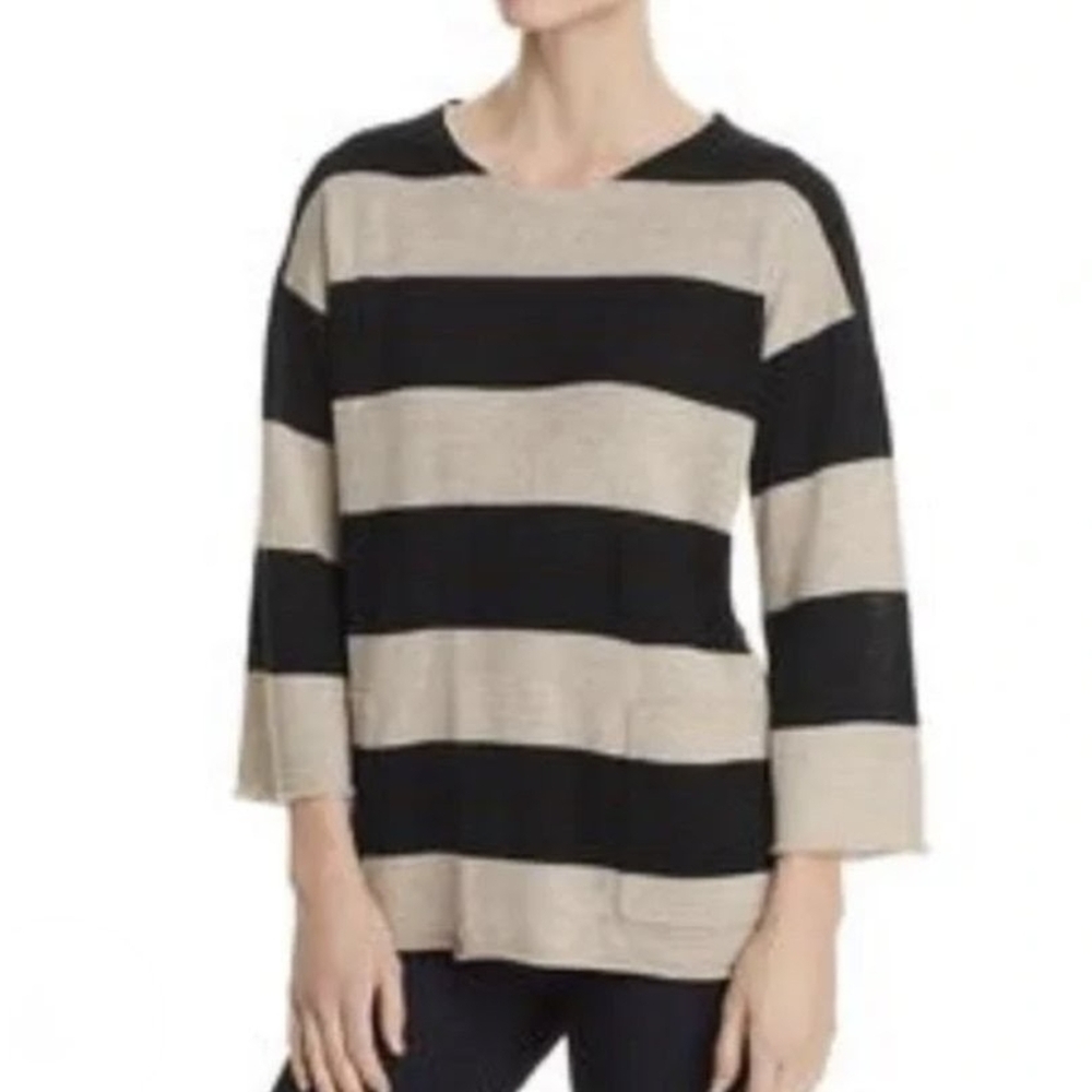 EILEEN FISHER striped organic linen knit pullover top S M